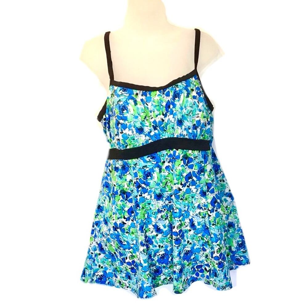 Fit 4 U Fit & Flare Swimsuit Women One Piece Swimdress sz 18W Floral Blue Green